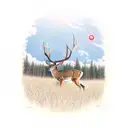 10 point whitetail buck with a drop tine standing in front of woods with the sunrise shining through the woods  tattoo design idea