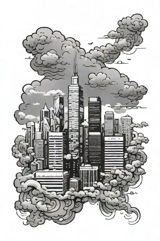 city skyscraper buildings, with clouds on top. with a person looking towards the city with shading all around tattoo design idea
