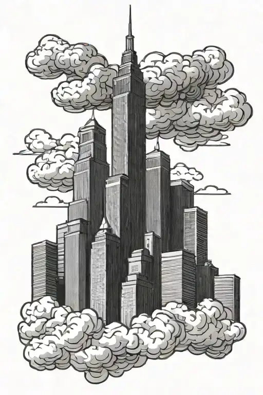 city skyscraper buildings, with clouds on top of it. shading all around  tattoo design idea