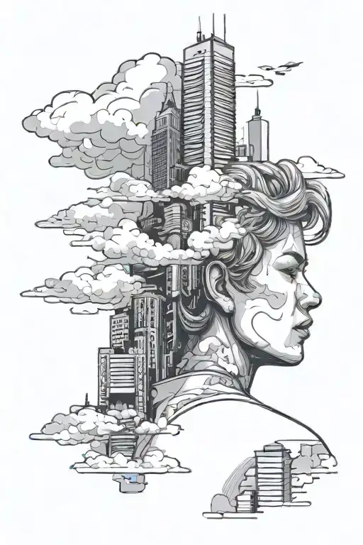 city skyscraper buildings, with clouds on top of it. person looking towards the buildings with shading all around  tattoo design idea