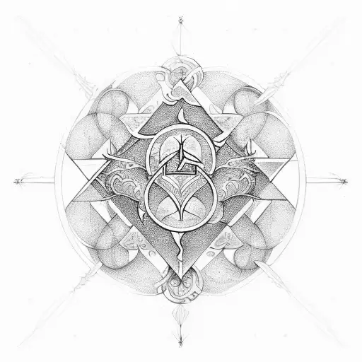 Alchemy symbols arranged in a sketch style stained glass pattern tattoo design idea