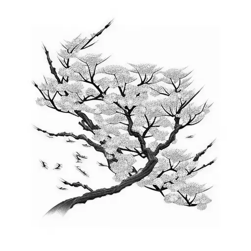 A Japanese inspired sleeve tattoo featuring intricate wind patterns and cherry blossom trees intertwined with elegant swallows in flight tattoo design idea