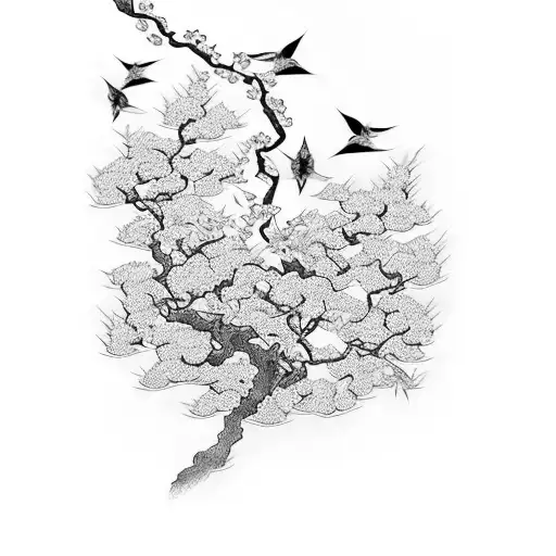 A Japanese inspired sleeve tattoo featuring intricate wind patterns and cherry blossom trees intertwined with elegant swallows in flight tattoo design idea