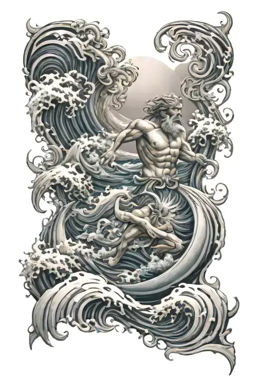 ocean waves and poseidon tattoo design idea