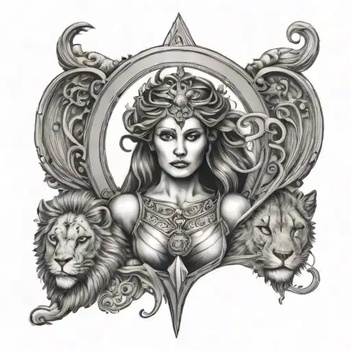 libra, warrior, fairy and lion head tattoo design idea