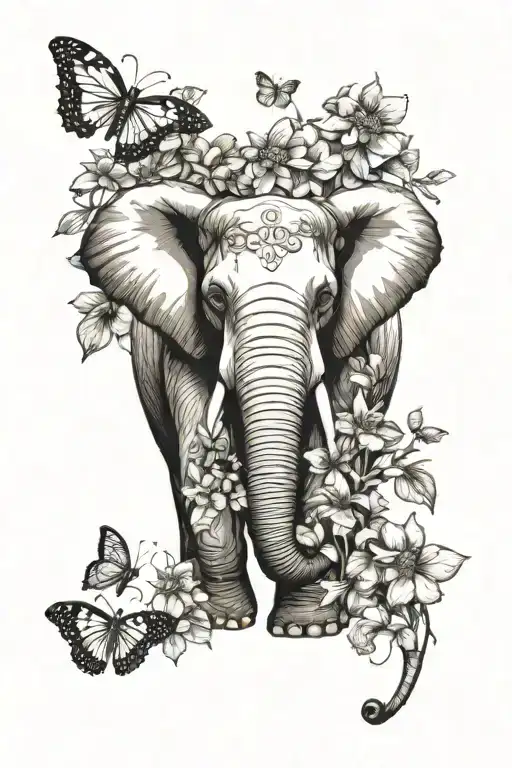 Elephant,wildflowers,butterflies tattoo design idea
