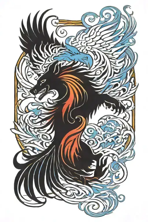 a flaming red and yellow phoenix rising from the ashes fighting a blue strong wolf tattoo design idea