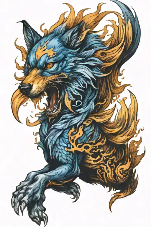 firey phoenix fighting blue shadow wolf running tattoo design idea