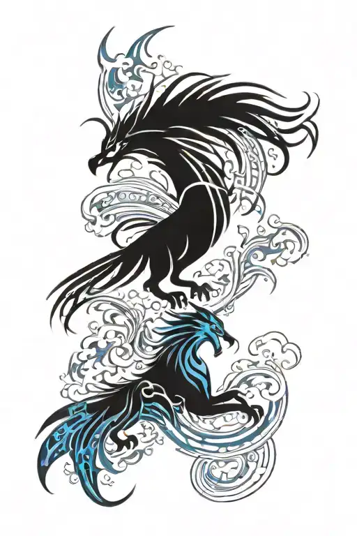 a flaming phoenix rising from the ashes fighting a blue strong wolf tattoo design idea