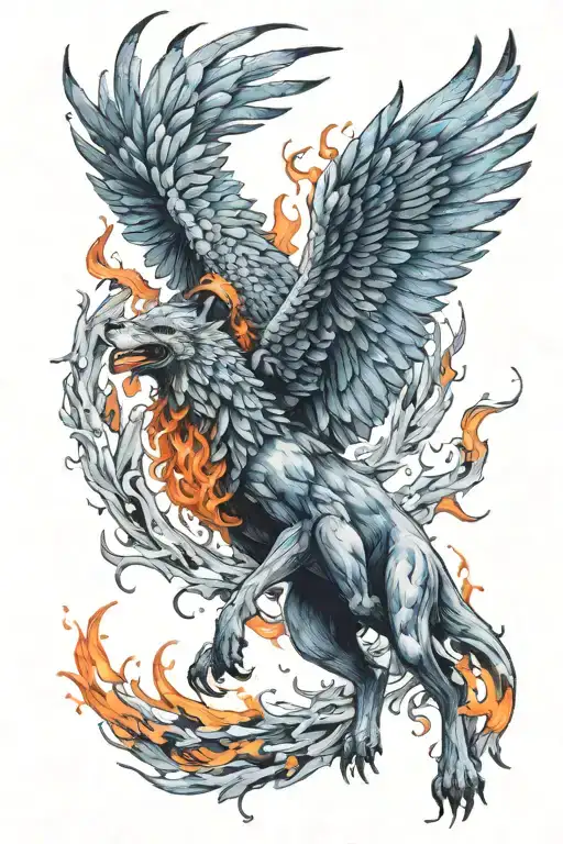 a flaming phoenix rising from the ashes fighting a blue strong wolf tattoo design idea