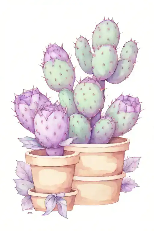 purple prickly pear cactus with 3 paddles in a terracotta pot  tattoo design idea