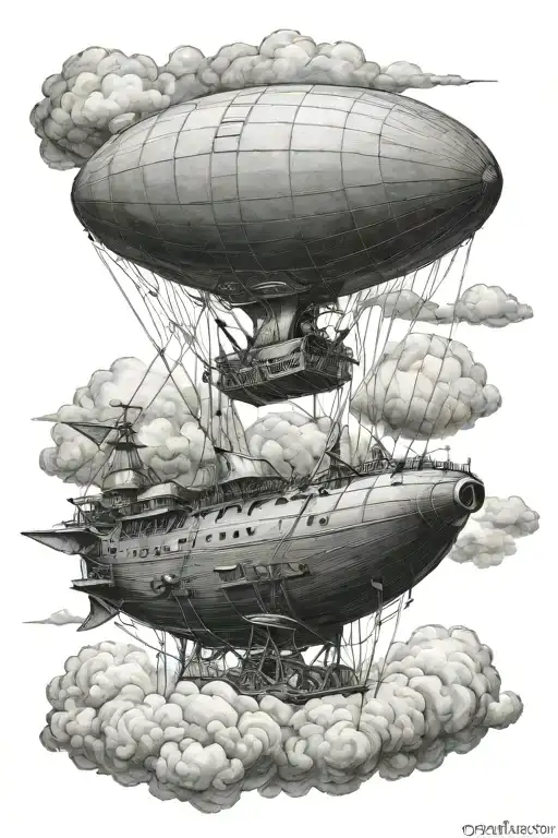Fantasy Airship flying among stormy clouds with lightning. it is not a blimp. it has eldritch sails tattoo design idea