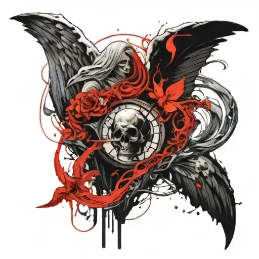 create a tattoo to be made on shoulder blade, the tattoo should consists of an angel, a grim reaper and a dolphin. it sh tattoo design idea