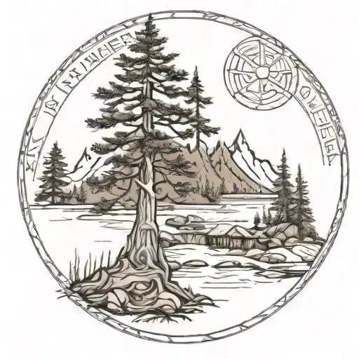 pines, runes, norse, landscape, wilderness scene inspired tattoo design idea