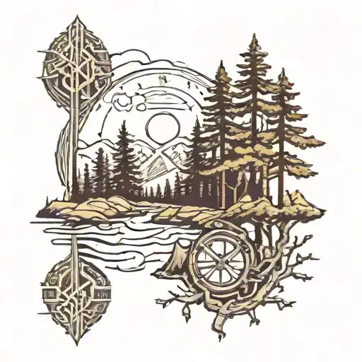 pines, runes, norse, landscape, wilderness scene inspired tattoo design idea