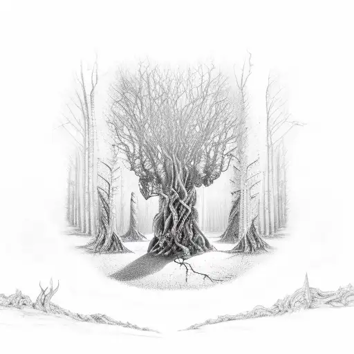 A dark and intricate sketch of a gothic forest with twisted trees and hidden creatures. tattoo design idea