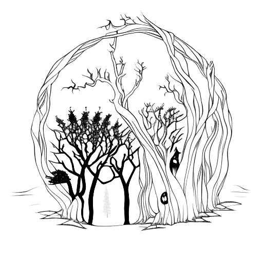 A dark and intricate sketch of a gothic forest with twisted trees and hidden creatures. tattoo design idea