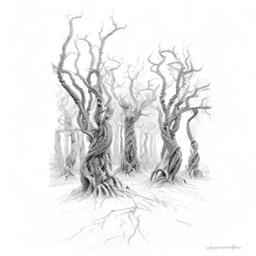 A dark and intricate sketch of a gothic forest with twisted trees and hidden creatures. tattoo design idea