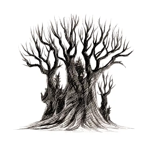 A dark and intricate sketch of a gothic forest with twisted trees and hidden creatures. tattoo design idea
