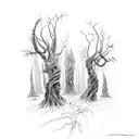A dark and intricate sketch of a gothic forest with twisted trees and hidden creatures. tattoo design idea
