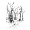 A dark and intricate sketch of a gothic forest with twisted trees and hidden creatures. tattoo design idea