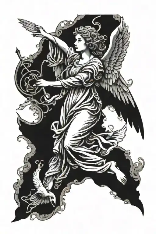 Angel with a dove flying tattoo design idea