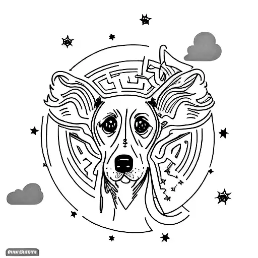 Design a tattoo of a person walking a dog under a sky filled with pop smoke lyrics, in a sketch style tattoo design idea