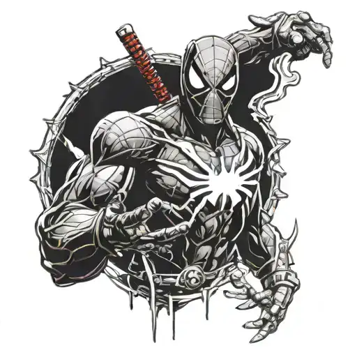 spider man holding, Deadpool, venom, ironman, Vikings, 4k quality,marvel universe full color tattoo design idea