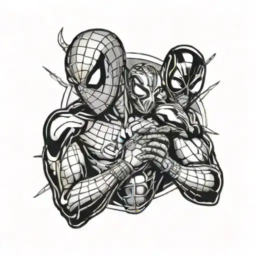 spider man holding, Deadpool, venom, ironman, Vikings, 4k quality,marvel universe full color tattoo design idea
