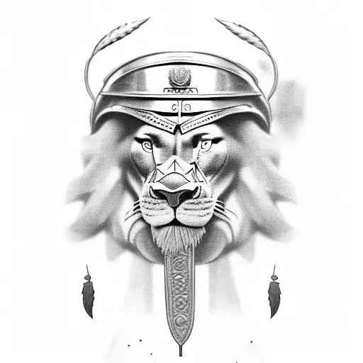 Create a military history inspired tattoo featuring a Spartan warrior with a lion's head helmet tattoo design idea