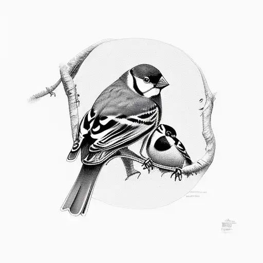 three yellow finches, two babies and a mother, pirched in a tree tattoo design idea