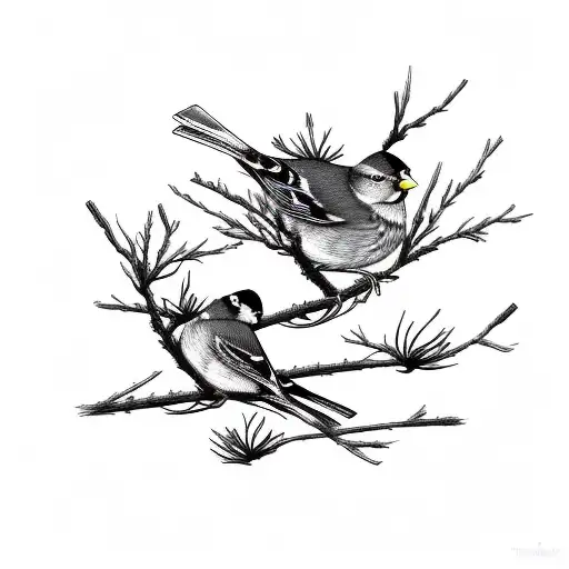 three yellow finches, pirched in a pine tree, sunset in the background  tattoo design idea