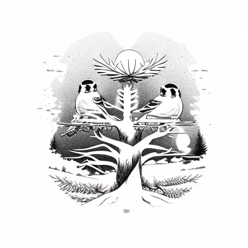 three yellow finches, two babies and a mother, pirched in a pine tree, sunset in the background  tattoo design idea