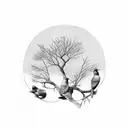3 birds sitting on a tree branch, mom and two babies tattoo design idea