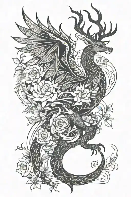 Dragon, deer, phoenix, snake with flowers tattoo design idea