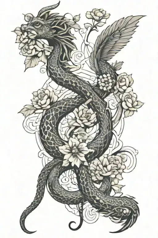 Dragon, phoenix, snake with flowers and vines tattoo design idea