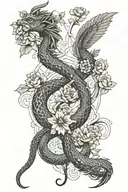 Dragon, phoenix, snake with flowers and vines tattoo design idea