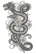 Dragon, phoenix, snake with flowers and vines tattoo design idea