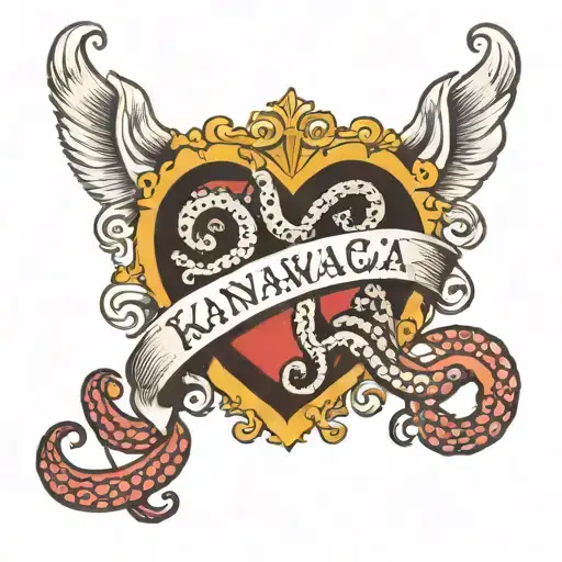 heart, kanawaga wave, 11, ribbon with name, octopus tentacles tattoo design idea