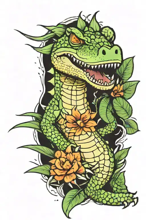 crocodile swimming in a tropical tattoo design idea