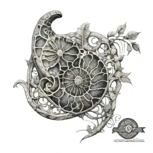 fine line ammonite with prehistoric dinosaur fossil intertwined tattoo design idea