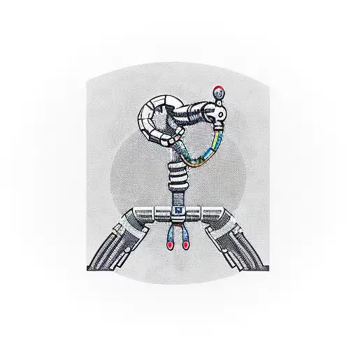 A futuristic robotic arm holding a diving flag with the phrase 'No Resuscitation' tattoo design idea