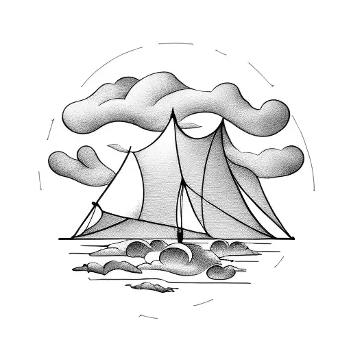 A surreal tattoo of a tent floating on a tranquil ocean with a cooking pot hanging from a cloud tattoo design idea
