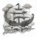 A cyber-security themed tattoo of a viking ship sailing through a storm, with lion-o  on deck tattoo design idea