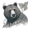 A portrait of Baloo the bear from The Jungle Book, with intricate dotwork shading and jungle foliage in the background tattoo design idea