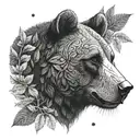 A portrait of Baloo the bear from The Jungle Book, with intricate dotwork shading and jungle foliage in the background tattoo design idea