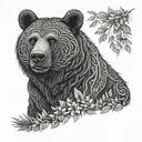 A portrait of Baloo the bear from The Jungle Book, with intricate dotwork shading and jungle foliage in the background tattoo design idea