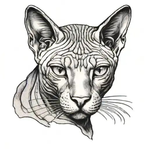 sphynx cat head with for empty eyes looking tattoo design idea