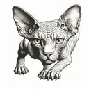 sphynx cat, multiple empty eyes, hungry look like tattoo design idea