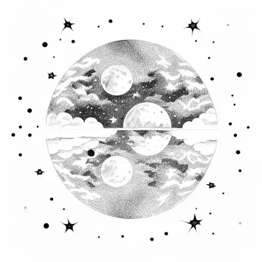 Setting: A starry night sky depicted by shaded areas with dots or small stars.  Waning Moon: Central to the design. Insp tattoo design idea